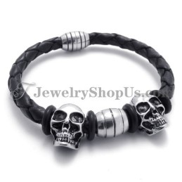Elegante Bracciale In Pelle Con Teschi In Titanio