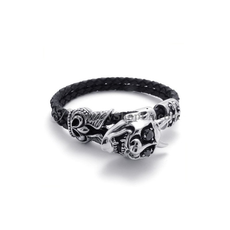 Bracciale In Pelle Nera Alla Moda Con Titanio Bracciale In Pelle Nera Alla Moda Con Titanio